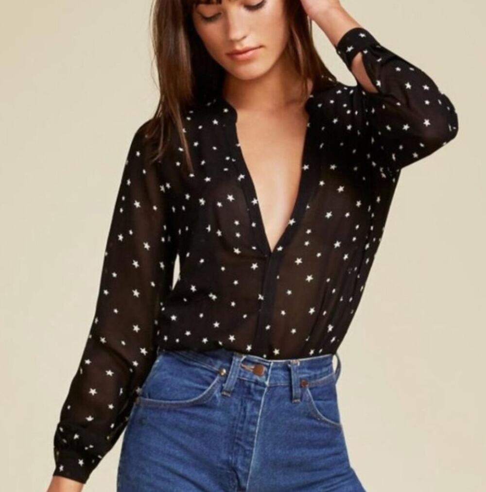 Reformation Star Print Sheer Blouse Black Button Down Top Size S